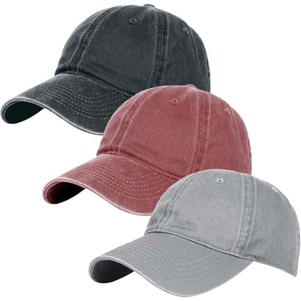 Unisex Red Wine&grey Washed 100% Cotton Set Of 3 Adjustable Classic Baseball Hat